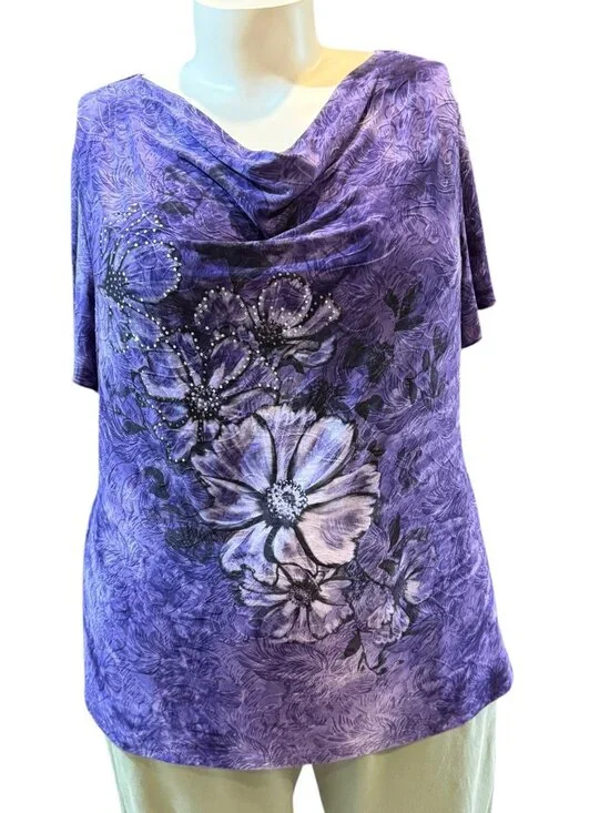 Dressbarn Size 3X Purple Drape-Front Floral Bling Embellished Stretch Blouse - Picture 1 of 9